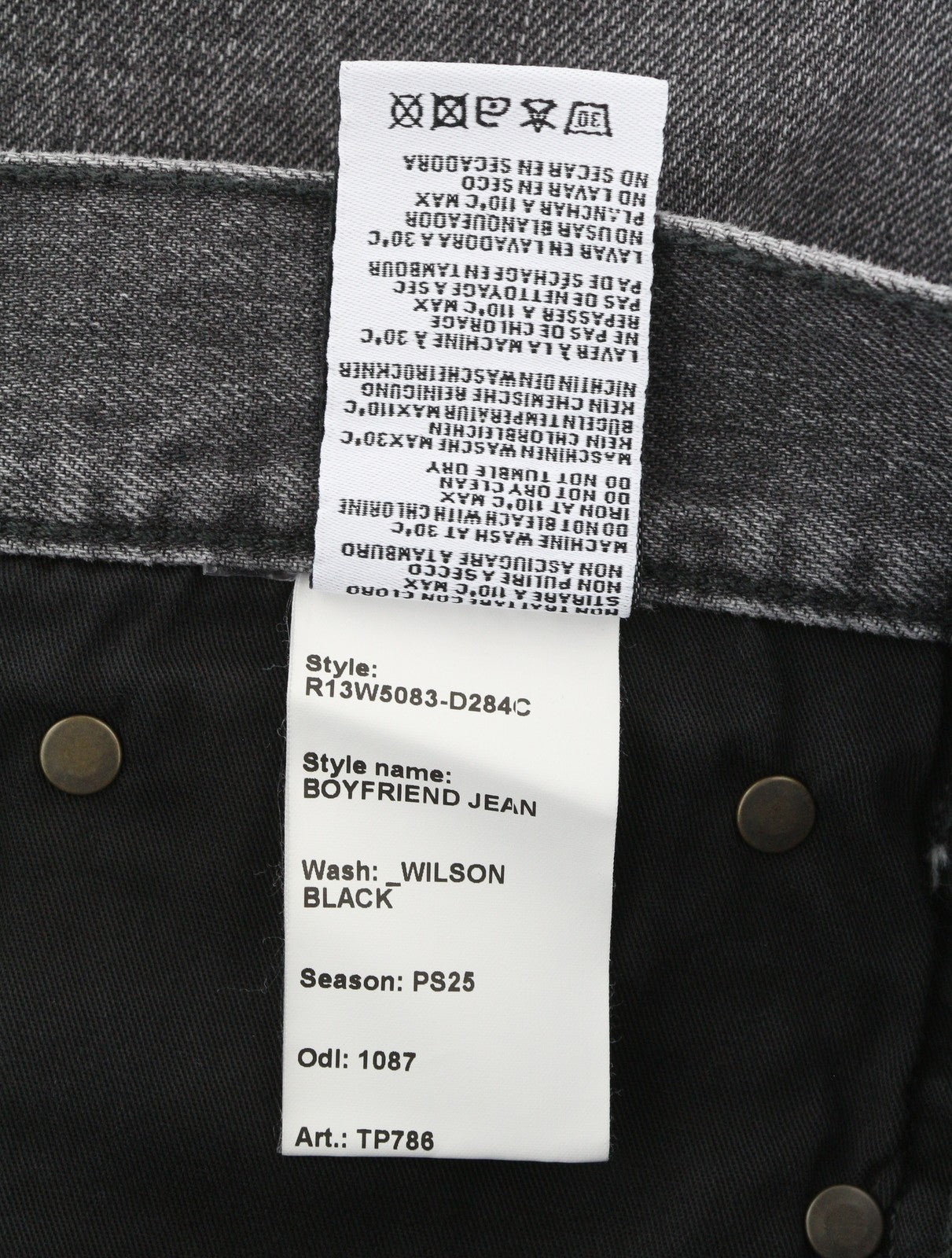 R13 Boyfriend Women Jeans 30 Wilson Black Faded Ankle Cropped Relaxed Fit Denim