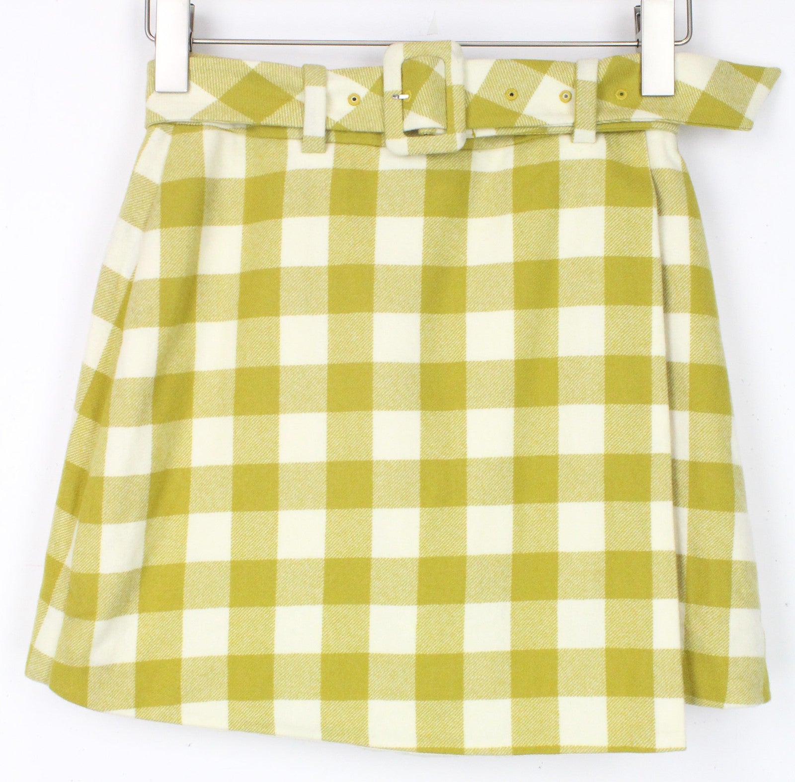 SUISTUDIO Calvin moteriškas sijonas UK8 žalias languotas grynos vilnos pamušalas su diržu 