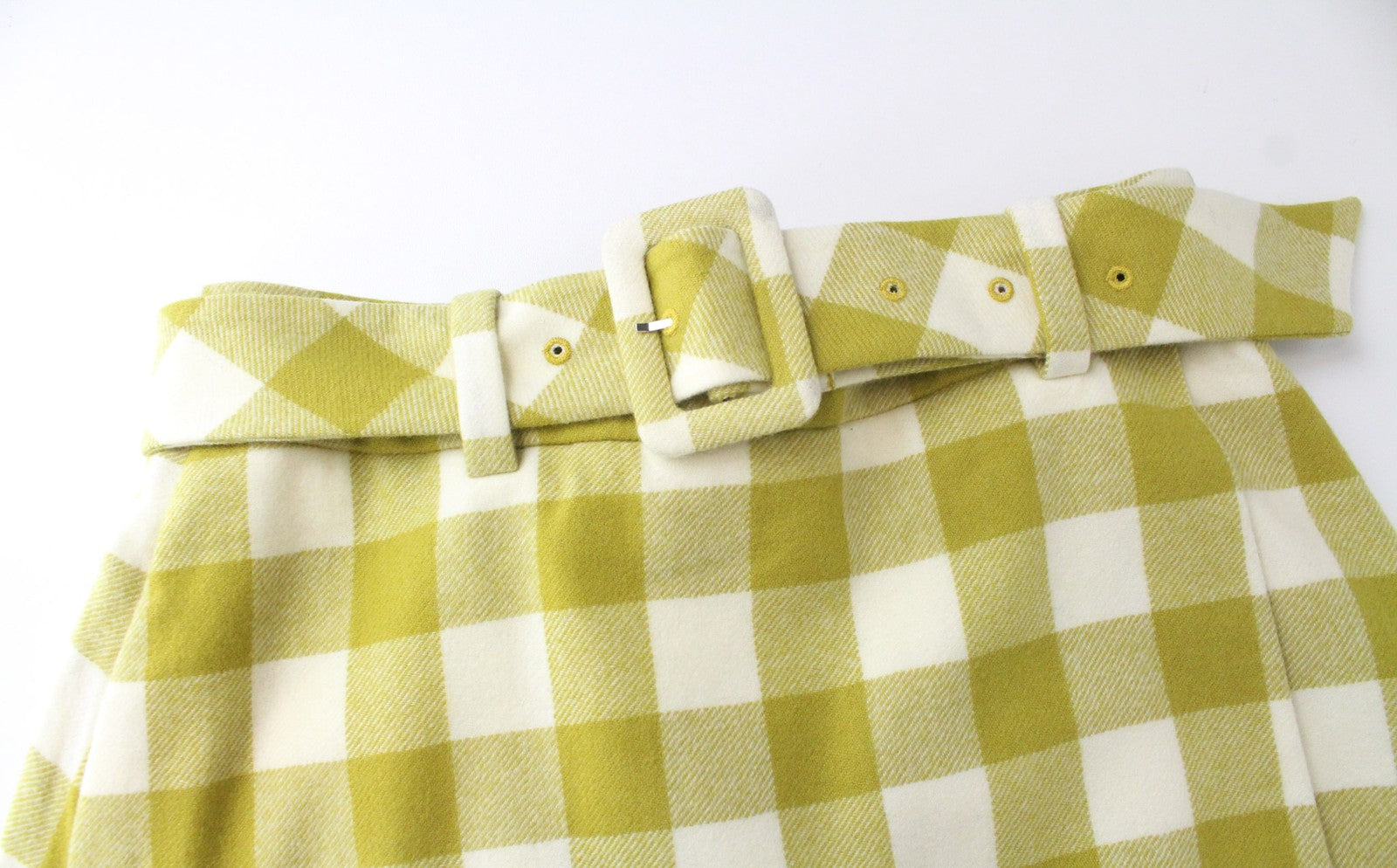 SUISTUDIO Calvin moteriškas sijonas UK8 žalias languotas grynos vilnos pamušalas su diržu 