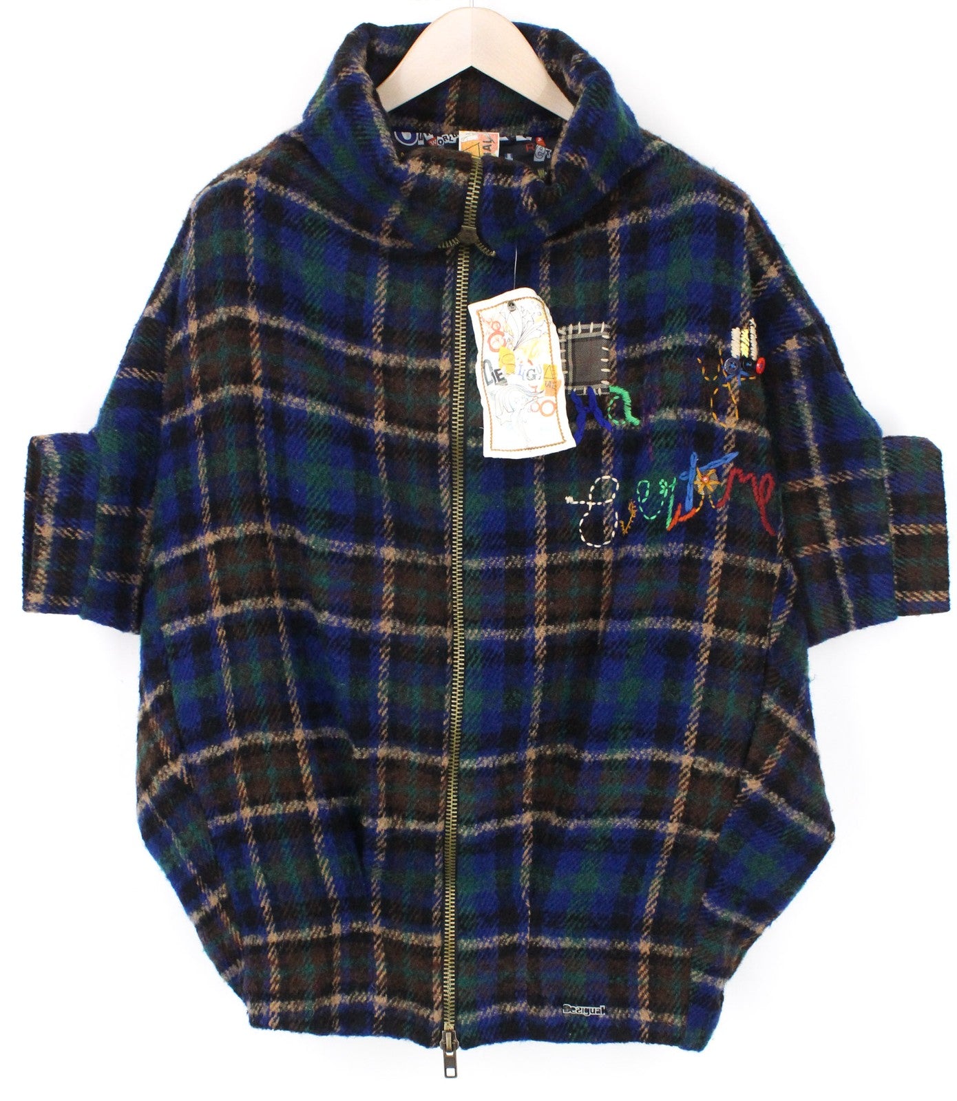 DESIGUAL moteriškas švarkas 36 mėlynas languotas vilnos mišinio paltas su pamušalu ir užtrauktuku trumpomis rankovėmis 