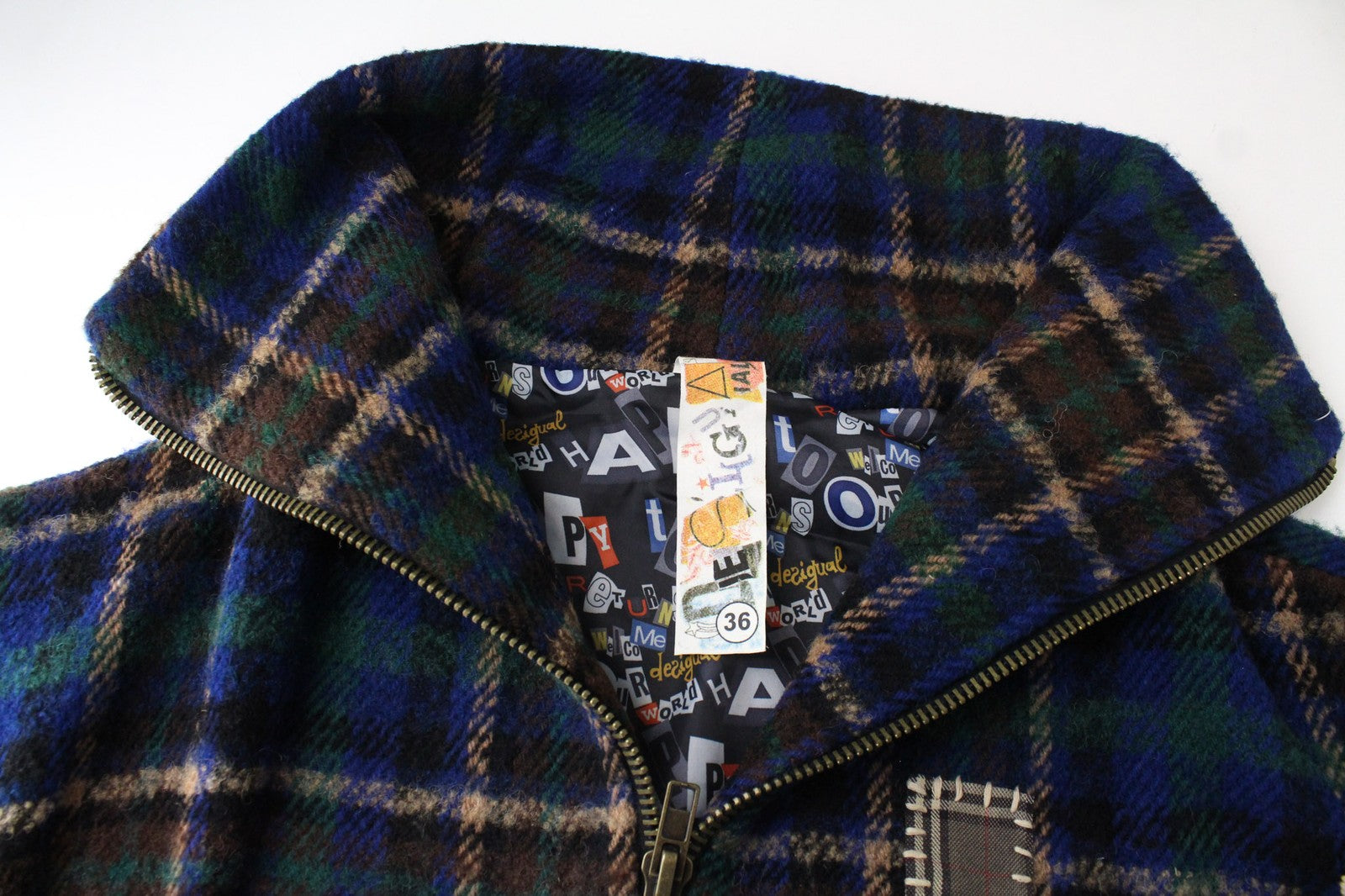 DESIGUAL moteriškas švarkas 36 mėlynas languotas vilnos mišinio paltas su pamušalu ir užtrauktuku trumpomis rankovėmis 