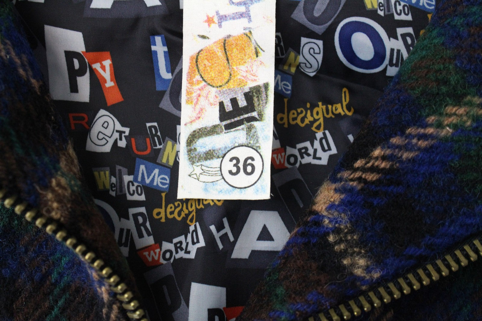 DESIGUAL moteriškas švarkas 36 mėlynas languotas vilnos mišinio paltas su pamušalu ir užtrauktuku trumpomis rankovėmis 