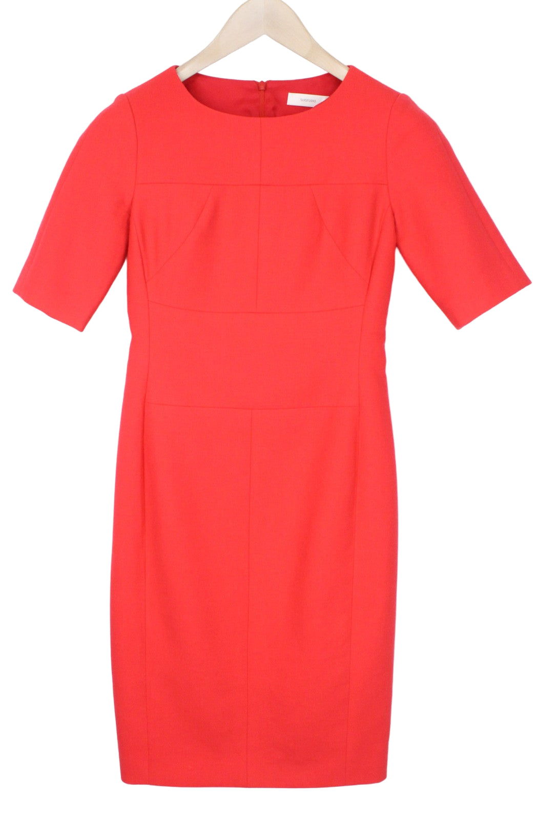 SUISTUDIO Abril moteriška suknelė UK10R raudona, plona, ​​iki kelių, prie kūno priglundanti, vilnos mišinio suknelė 