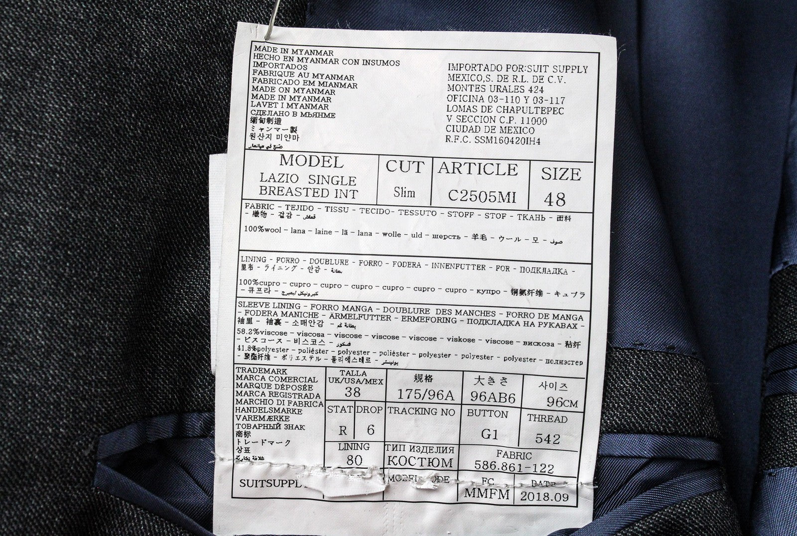 SUITSUPPLY Lazio Men's Suit UK38R Grey Wool S110s Slim 2Pc Perennial Sharkskin