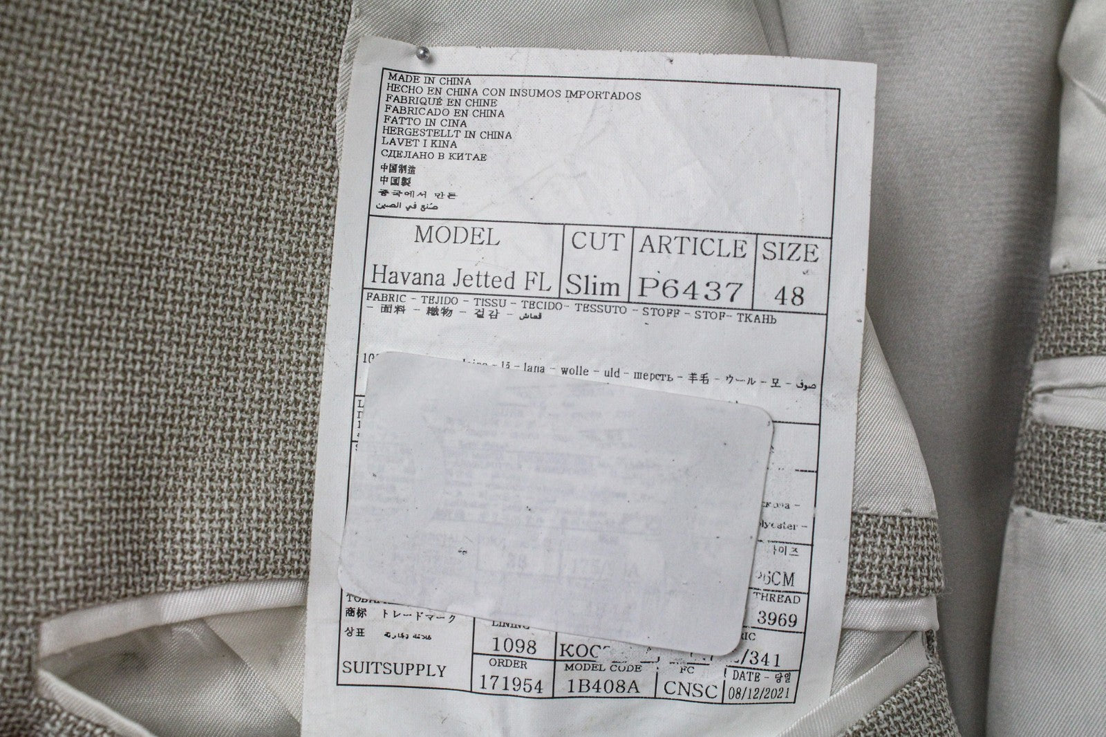 SUITSUPPLY Havana Jetted Men's Suit UK38R Beige Pure Wool Slim 2Pc Melange Look