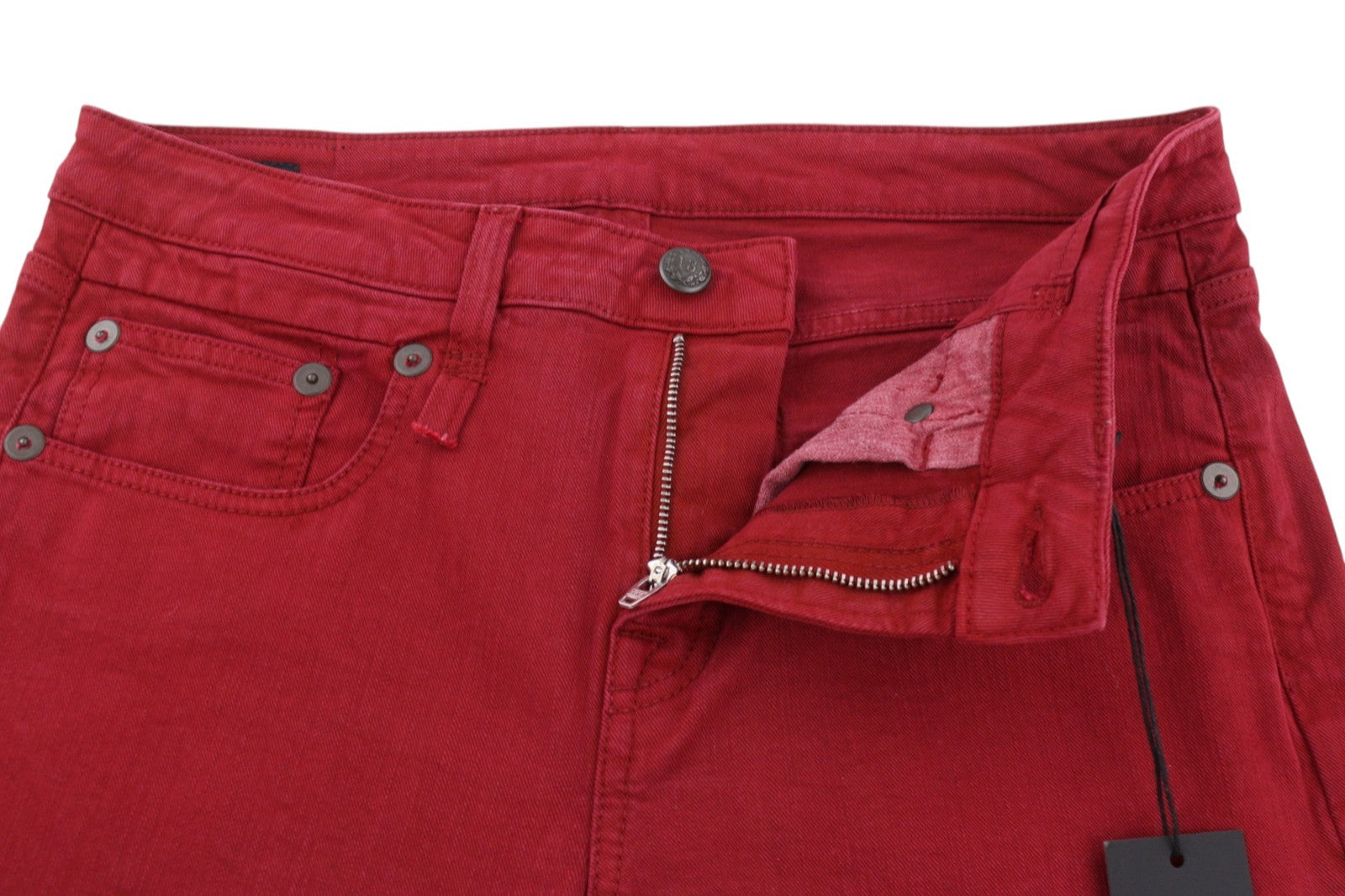 R13 berniukiškos tiesios moteriškos kelnės 27 ryškiai raudonos, tamprios, iki kulkšnių, užtrauktukas, RRP 499 € 