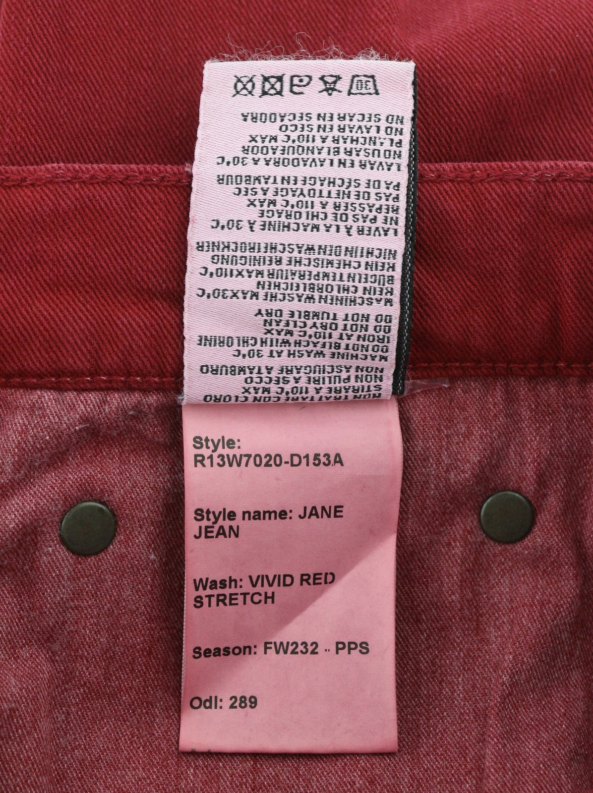 R13 Jane moteriškos kelnės 27 ryškiai raudonos, tamprios, siauros, tiesaus kirpimo, RRP 595 € 