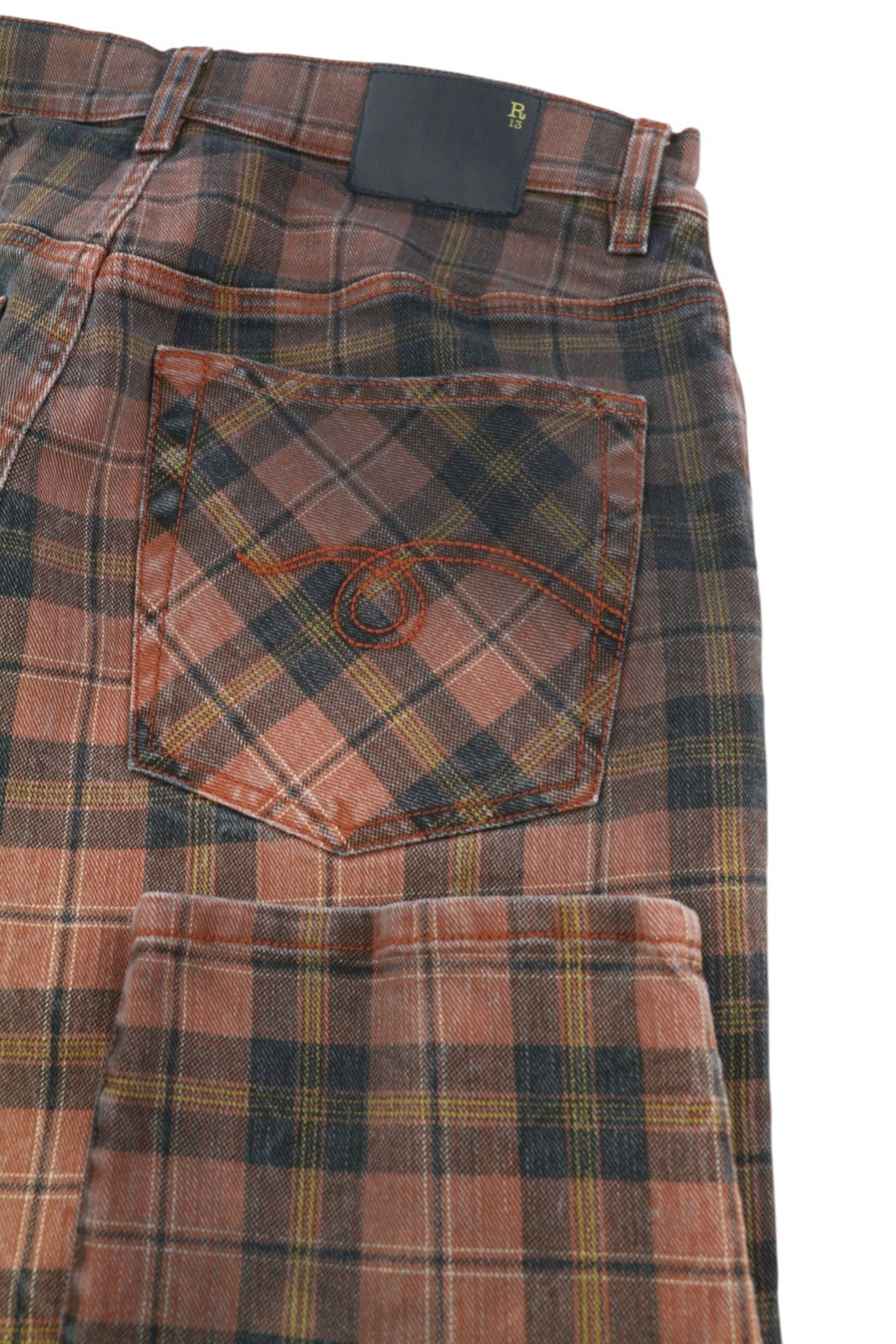 R13 Pasiūtos moteriškos kelnės 27 Pelenų raudonumo languotas raštas su trumpais laisvais languotais raštais iki kulkšnių 