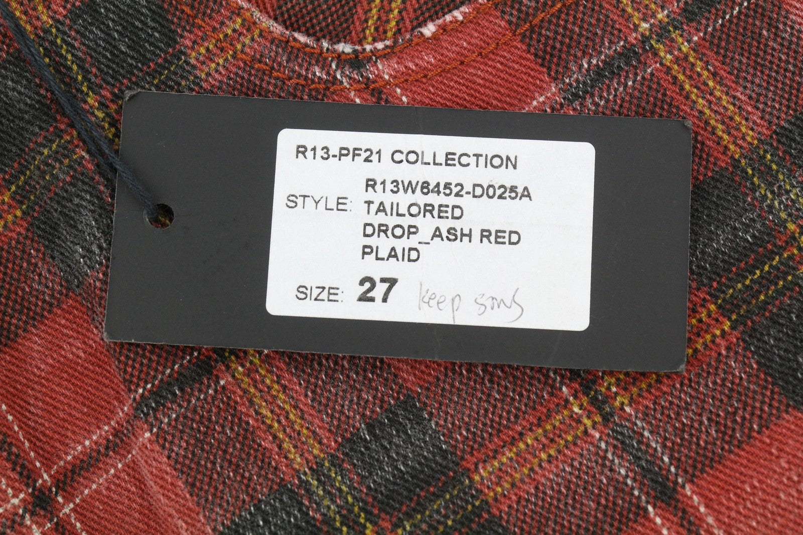 R13 Pasiūtos moteriškos kelnės, 27, pelenų raudonumo, languotos, laisvo kirpimo, iki kulkšnių. RMK 710 € 