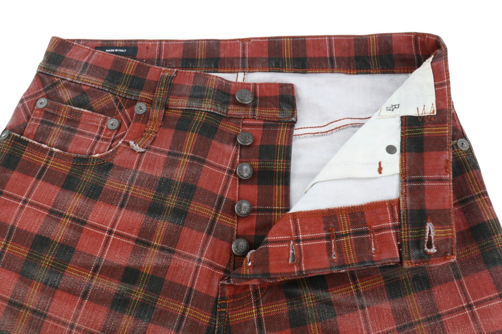 R13 Pasiūtos moteriškos kelnės, 27, pelenų raudonumo, languotos, trumpos, laisvos, iki kulkšnių, RRP 710 € 