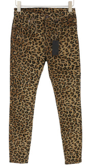 R13 Aukšto liemens aptemptos moteriškos kelnės W29 Vidurnakčio leopardo rašto velvetas su užtrauktuku, rudos spalvos 