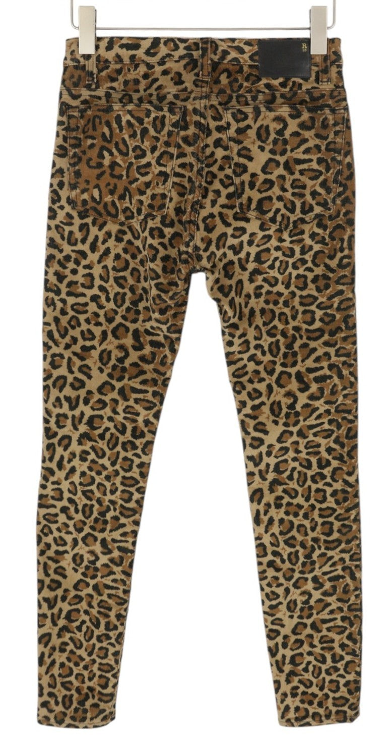 R13 Aukšto liemens aptemptos moteriškos kelnės W29 Vidurnakčio leopardo rašto velvetas su užtrauktuku, rudos spalvos 