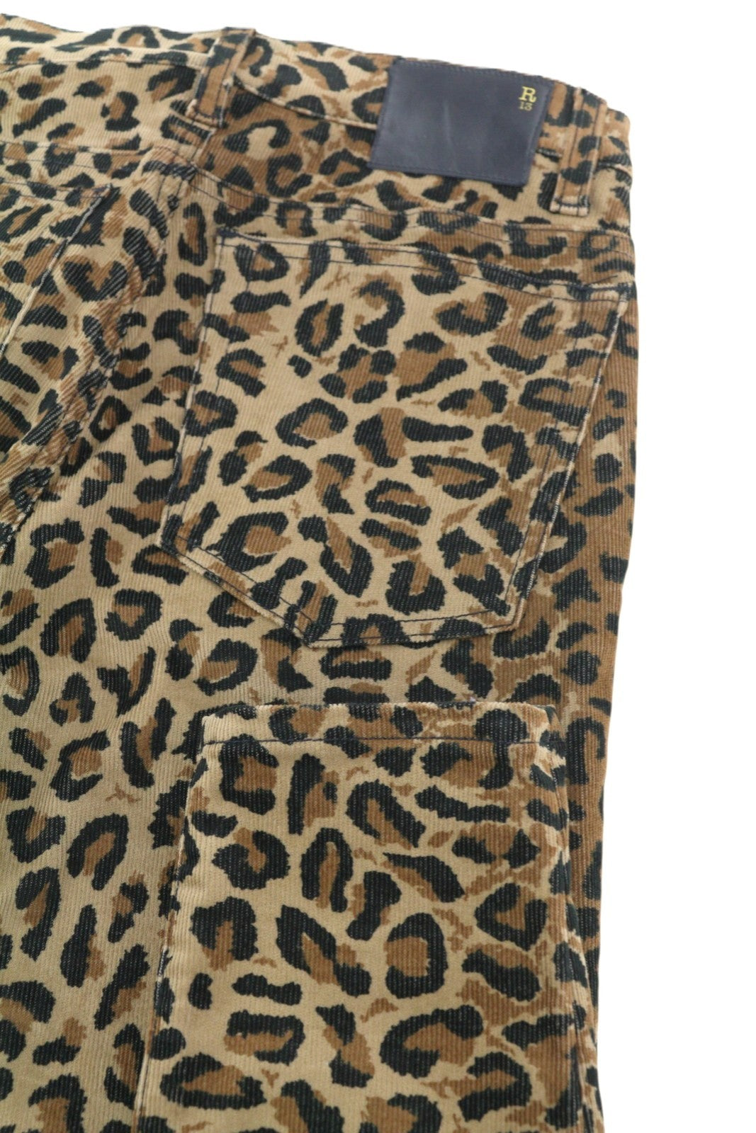 R13 Aukšto liemens aptemptos moteriškos kelnės W29 Vidurnakčio leopardo rašto velvetas su užtrauktuku, rudos spalvos 