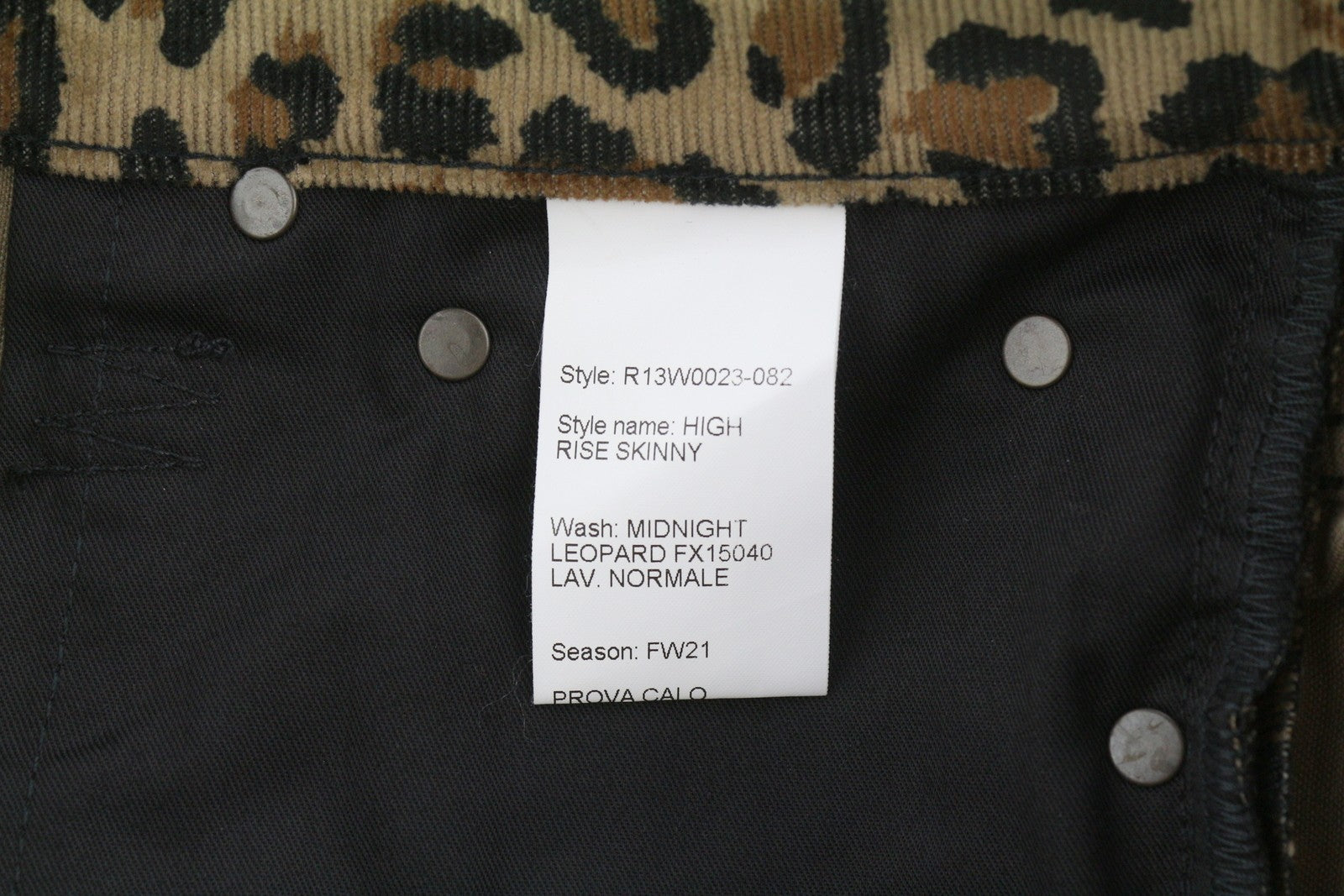 R13 Aukšto liemens aptemptos moteriškos kelnės W29 Vidurnakčio leopardo rašto velvetas su užtrauktuku, rudos spalvos 