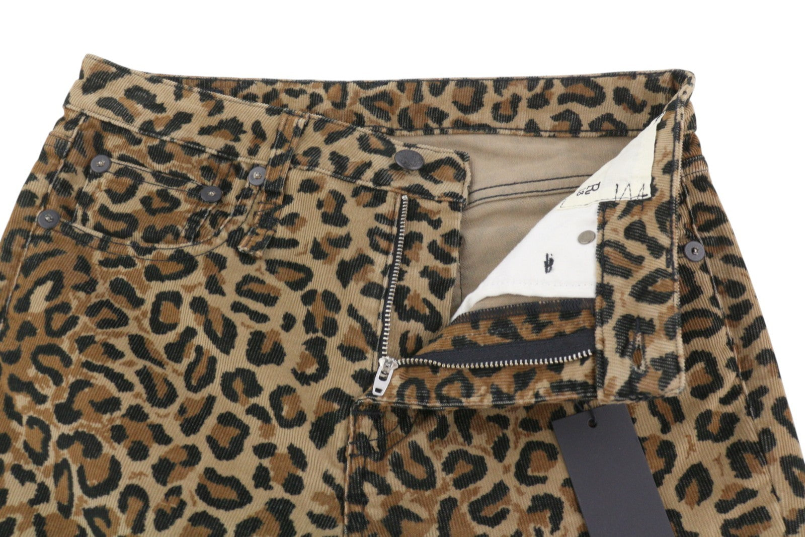 R13 Kick Fit moteriškos kelnės 27 gelsvai rudos leopardo rašto, aptemptos, platėjančios, iki kulkšnių, rudos 