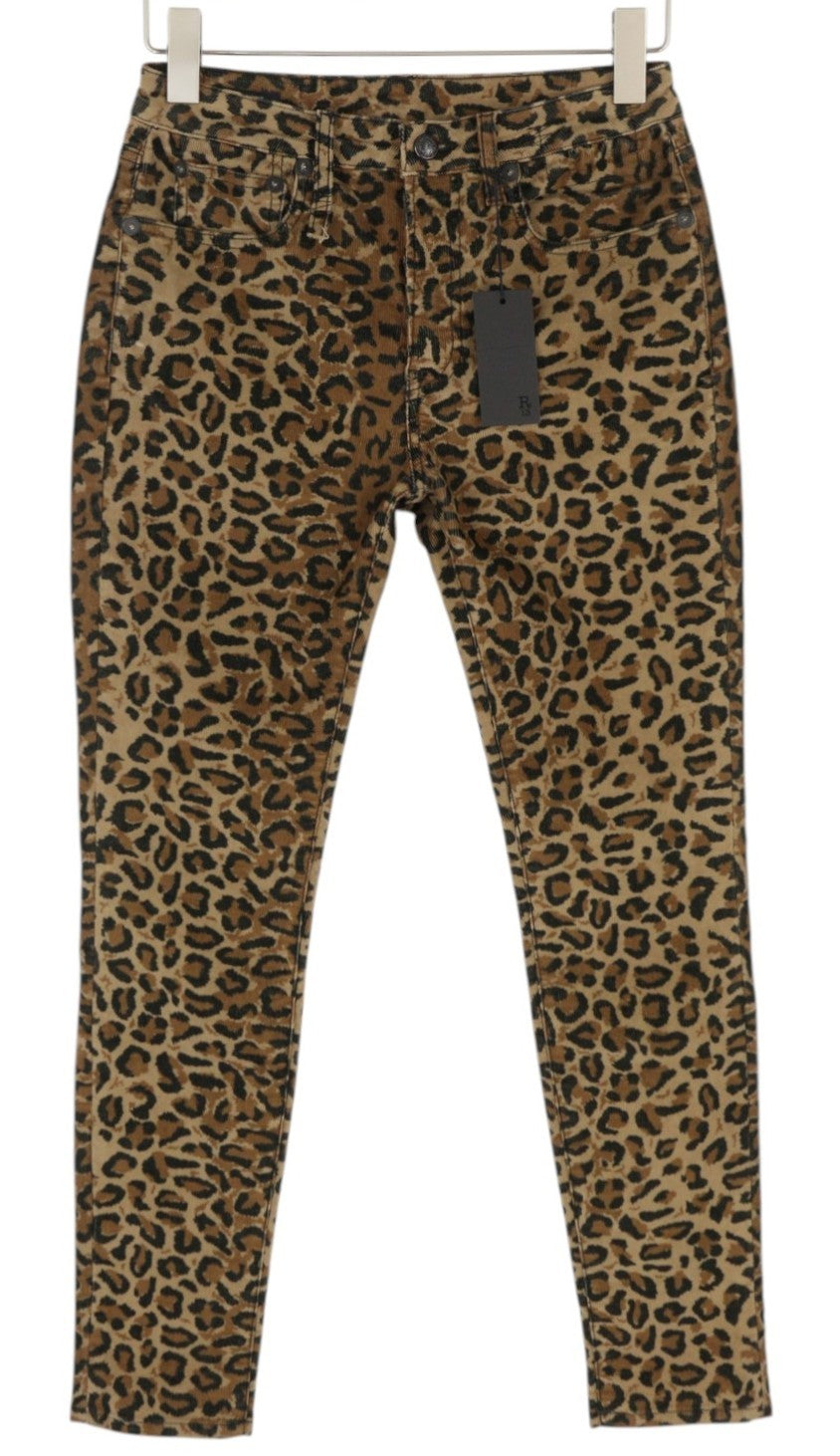 R13 Alison Skinny moteriškos kelnės 27 gelsvai rudos leopardo rašto, kulkšnies, aukšta juostele, velvetas, rudos spalvos 