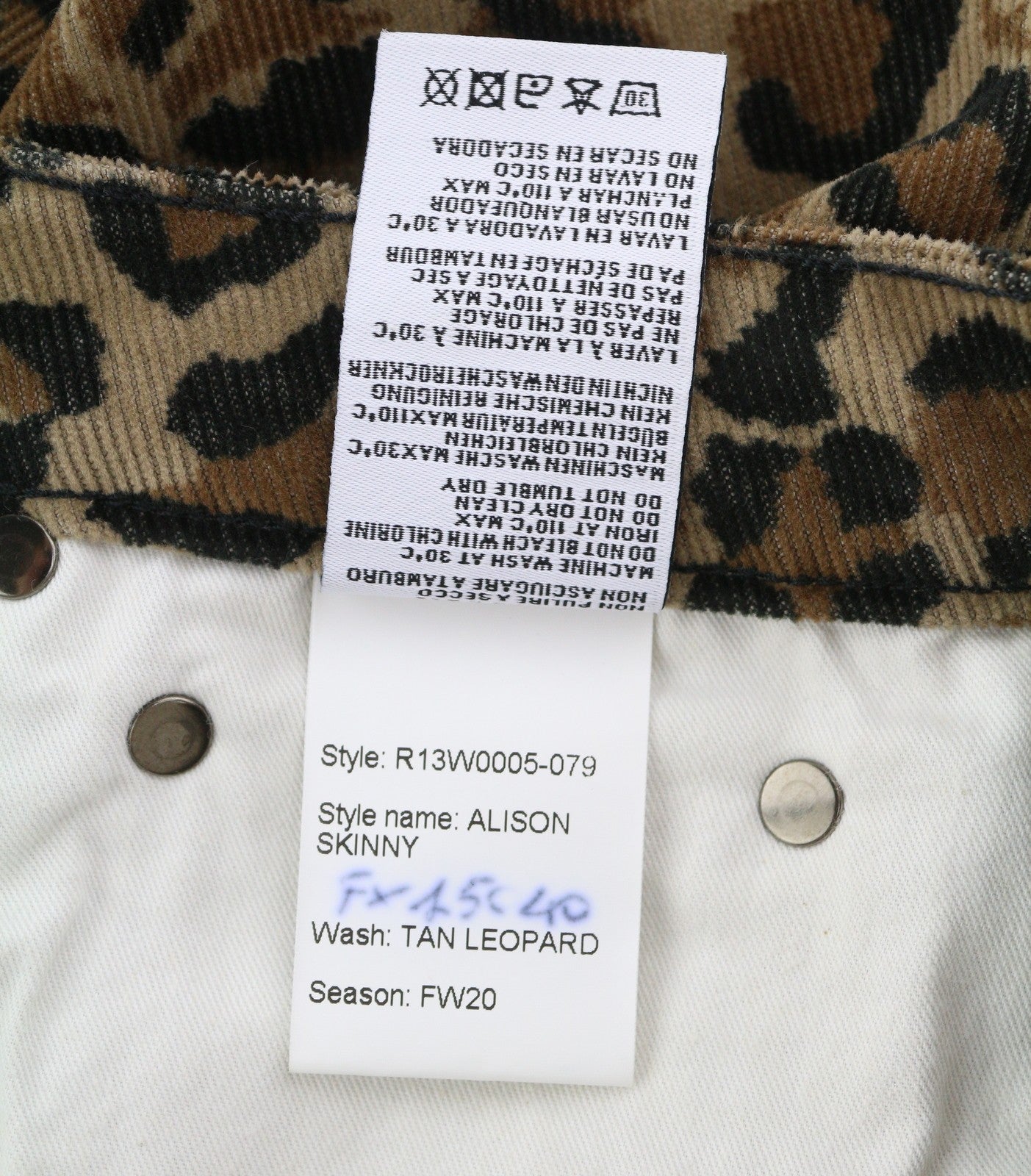 R13 Alison Skinny moteriškos kelnės 27 gelsvai rudos leopardo rašto, kulkšnies, aukšta juostele, velvetas, rudos spalvos 