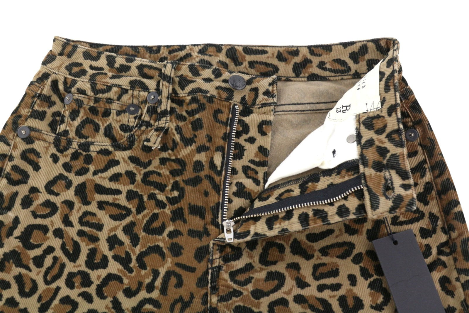 R13 Alison Skinny moteriškos kelnės 27 gelsvai rudos leopardo rašto, kulkšnies, aukšta juostele, velvetas, rudos spalvos 