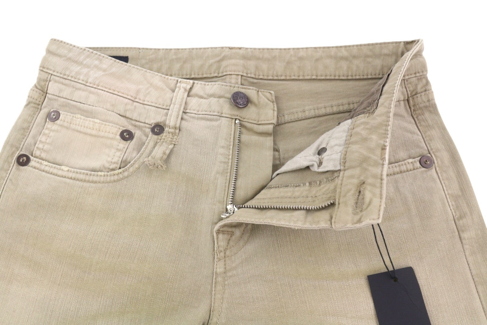 R13 berniukiški tiesūs moteriški džinsai 26 akmenukų spalvos, tamprūs, trumpi, išblukintos rudos spalvos, rekomenduojama kaina – 695 € 