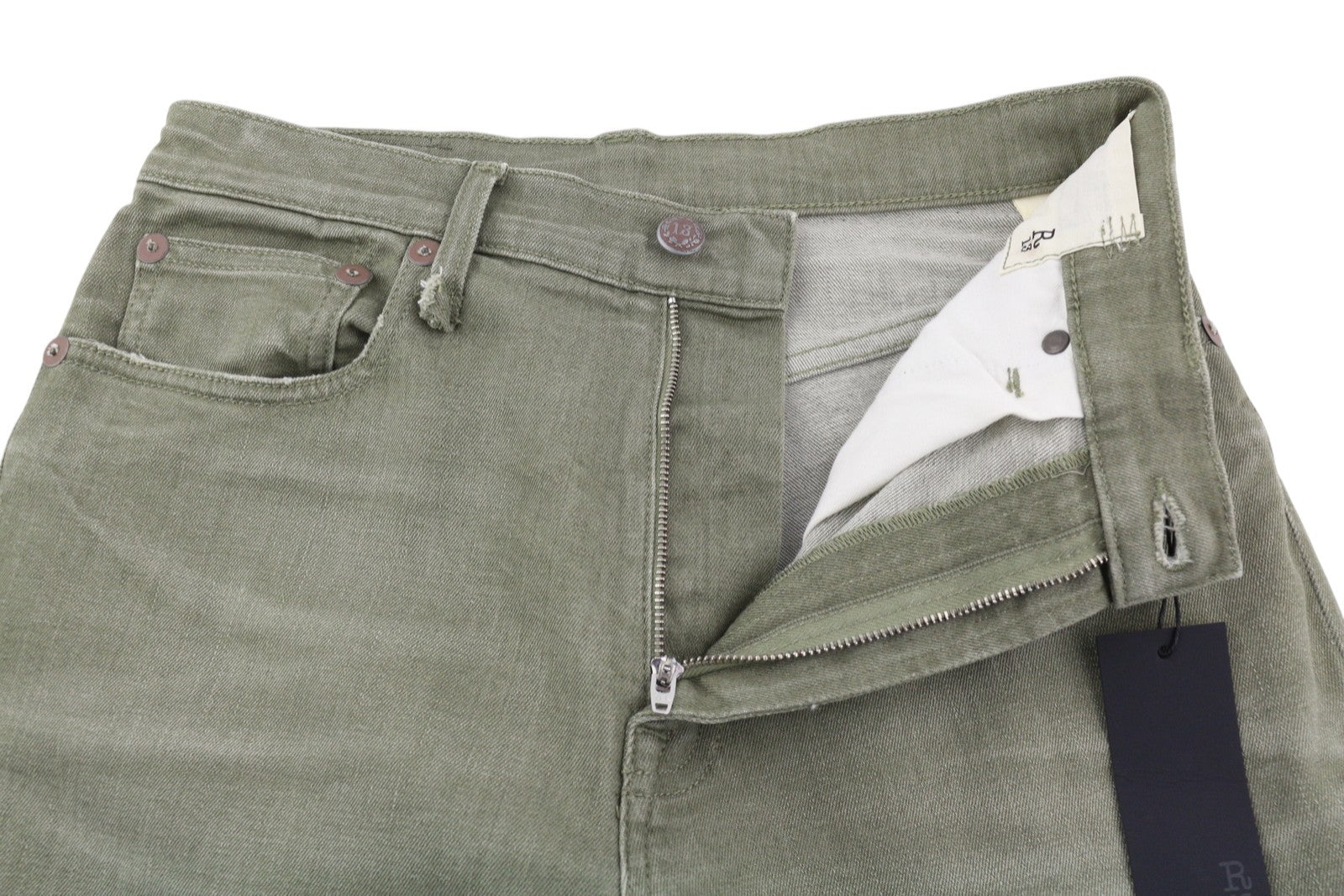 R13 Jane moteriški džinsai, 27, alyvuogių žali, tamprūs, blukinti, aukšta juostele, tiesūs, RMK 549 € 