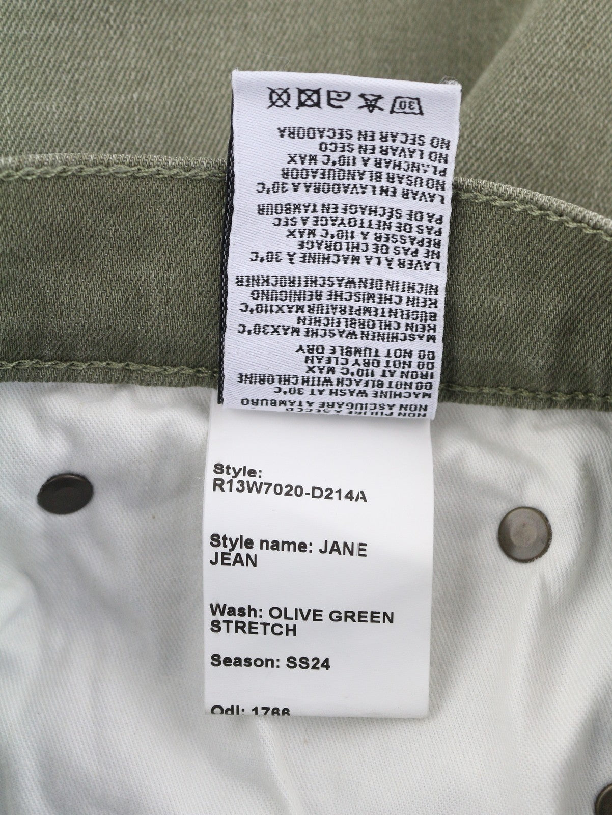 R13 Jane moteriški džinsai, 27, alyvuogių žali, tamprūs, blukinti, aukšta juostele, tiesūs, RMK 549 € 