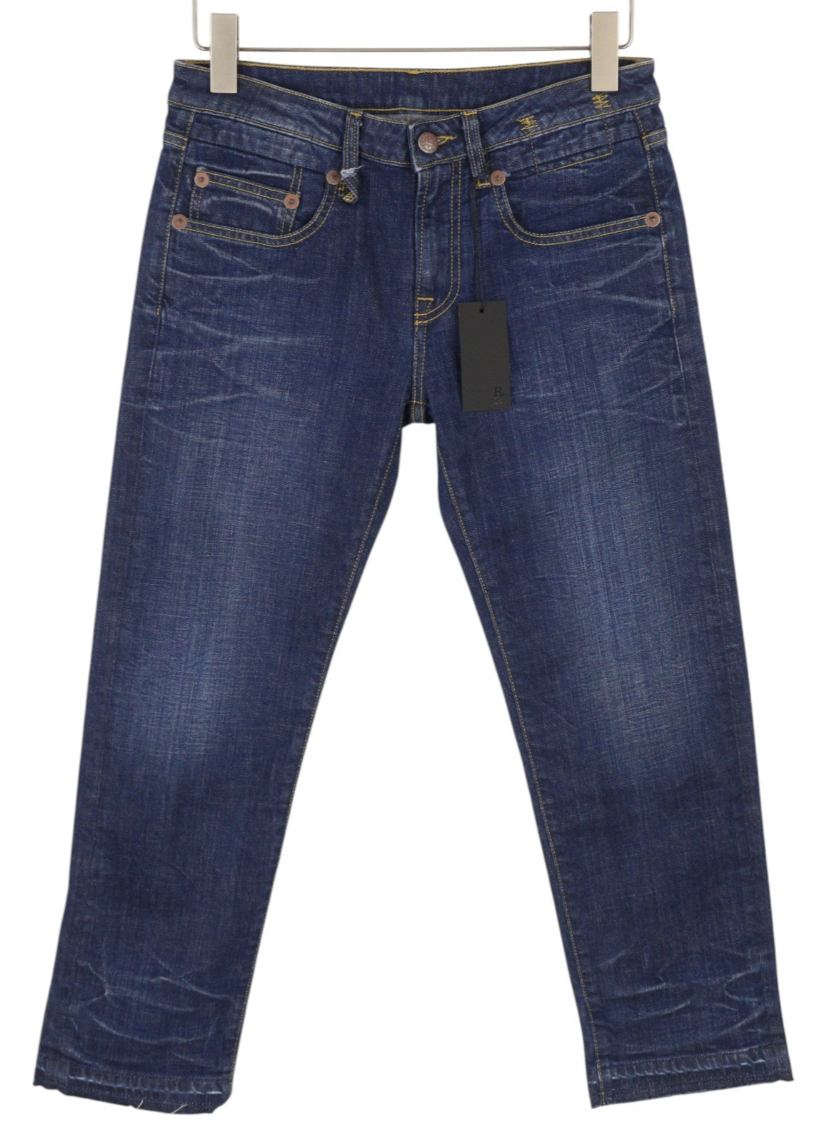 R13 berniukiški tiesūs moteriški džinsai, 27 Howell indigo spalvos, netolygus apvadas, išblukęs iki kulkšnių. 