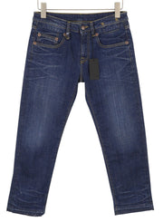 R13 berniukiški tiesūs moteriški džinsai, 27 Howell indigo spalvos, netolygus apvadas, išblukęs iki kulkšnių. 