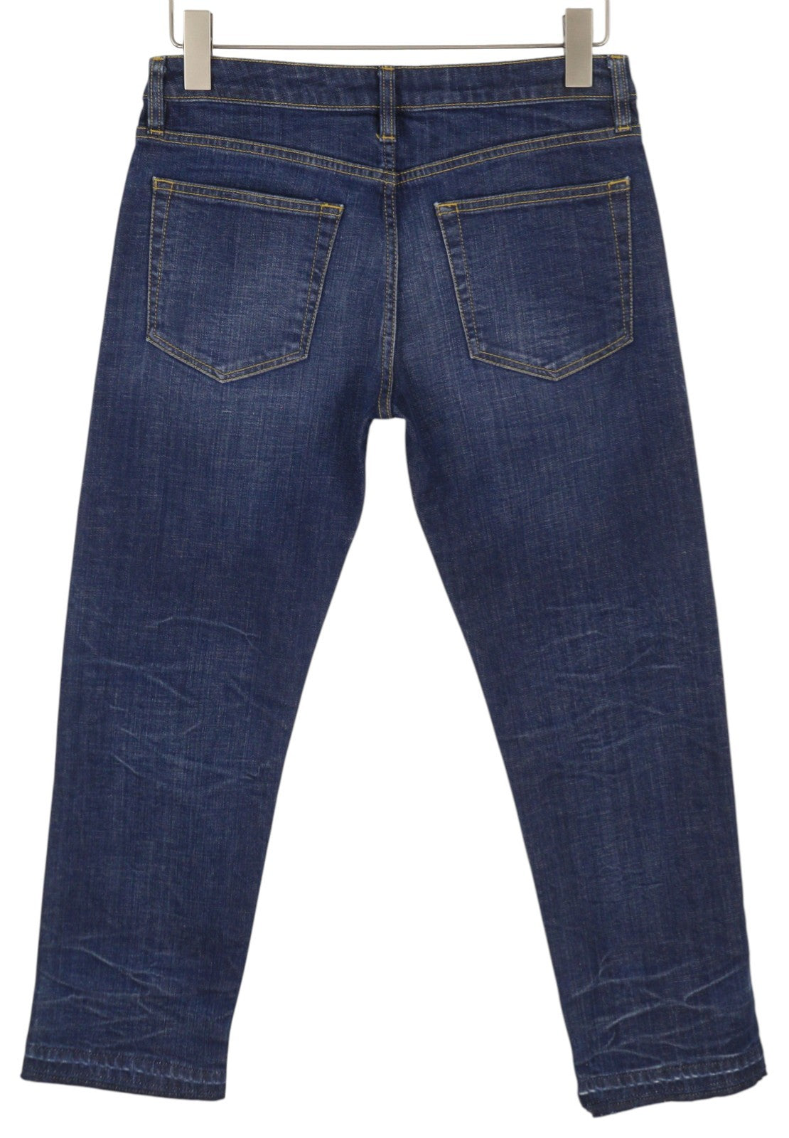 R13 berniukiški tiesūs moteriški džinsai, 27 Howell indigo spalvos, netolygus apvadas, išblukęs iki kulkšnių. 