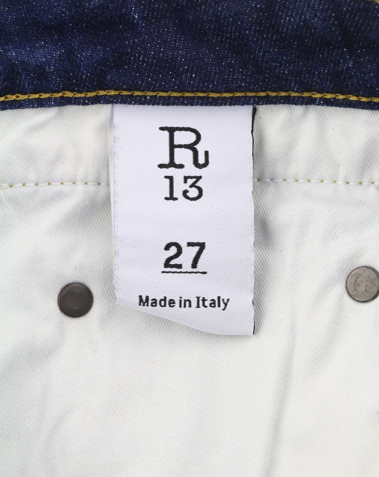 R13 berniukiški tiesūs moteriški džinsai, 27 Howell indigo spalvos, netolygus apvadas, išblukęs iki kulkšnių. 