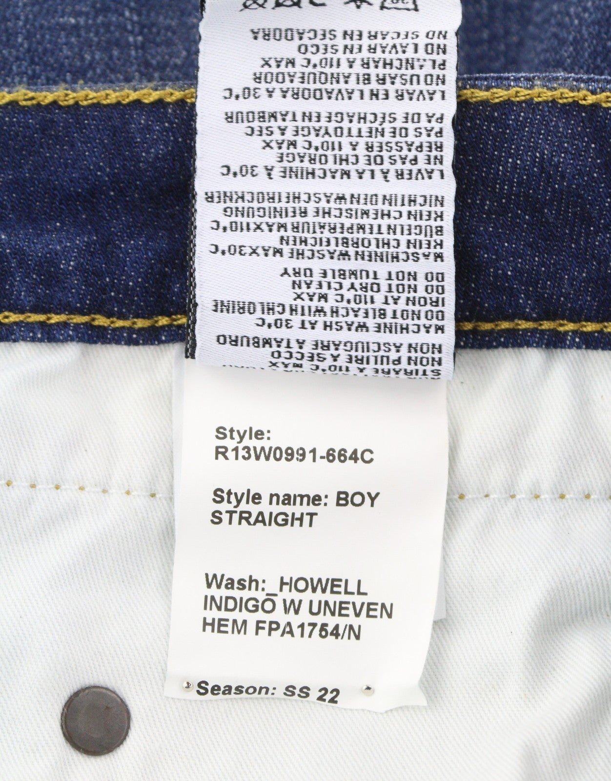 R13 berniukiški tiesūs moteriški džinsai, 27 Howell indigo spalvos, netolygus apvadas, išblukęs iki kulkšnių. 