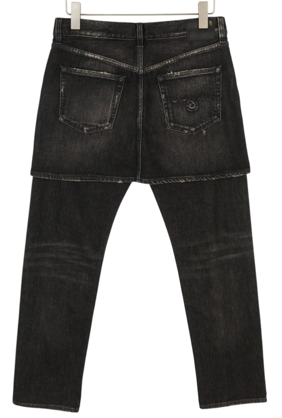 R13 Nauji dvigubi klasikiniai moteriški džinsai 27 Abbey Black su išblukusiu sijonu ir tiesiomis kelnėmis RRP 750 € 