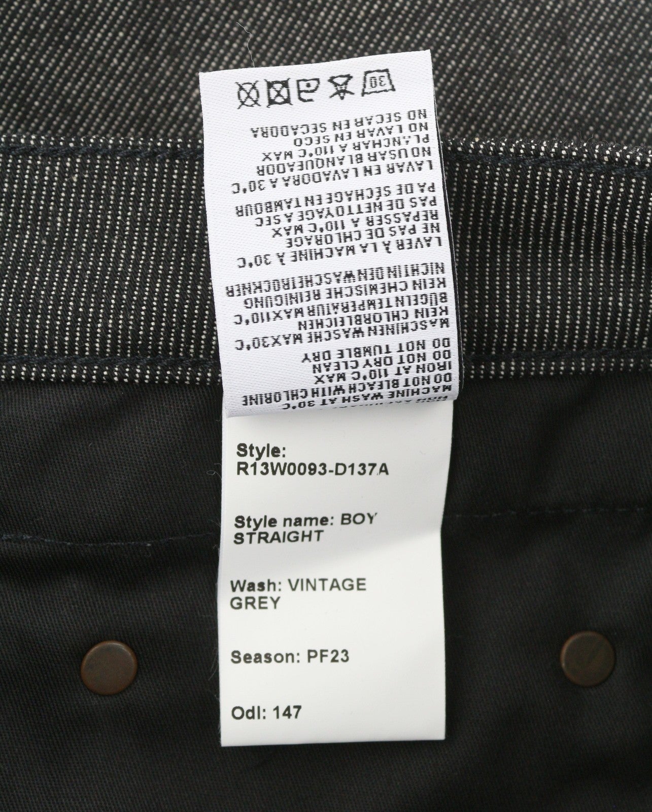 R13 berniukiški tiesūs moteriški džinsai 26 colių įstrižainė pilka su užtrauktuku, tamsiai mėlynu džinsu, kišenėmis, laisvalaikio stiliaus. 