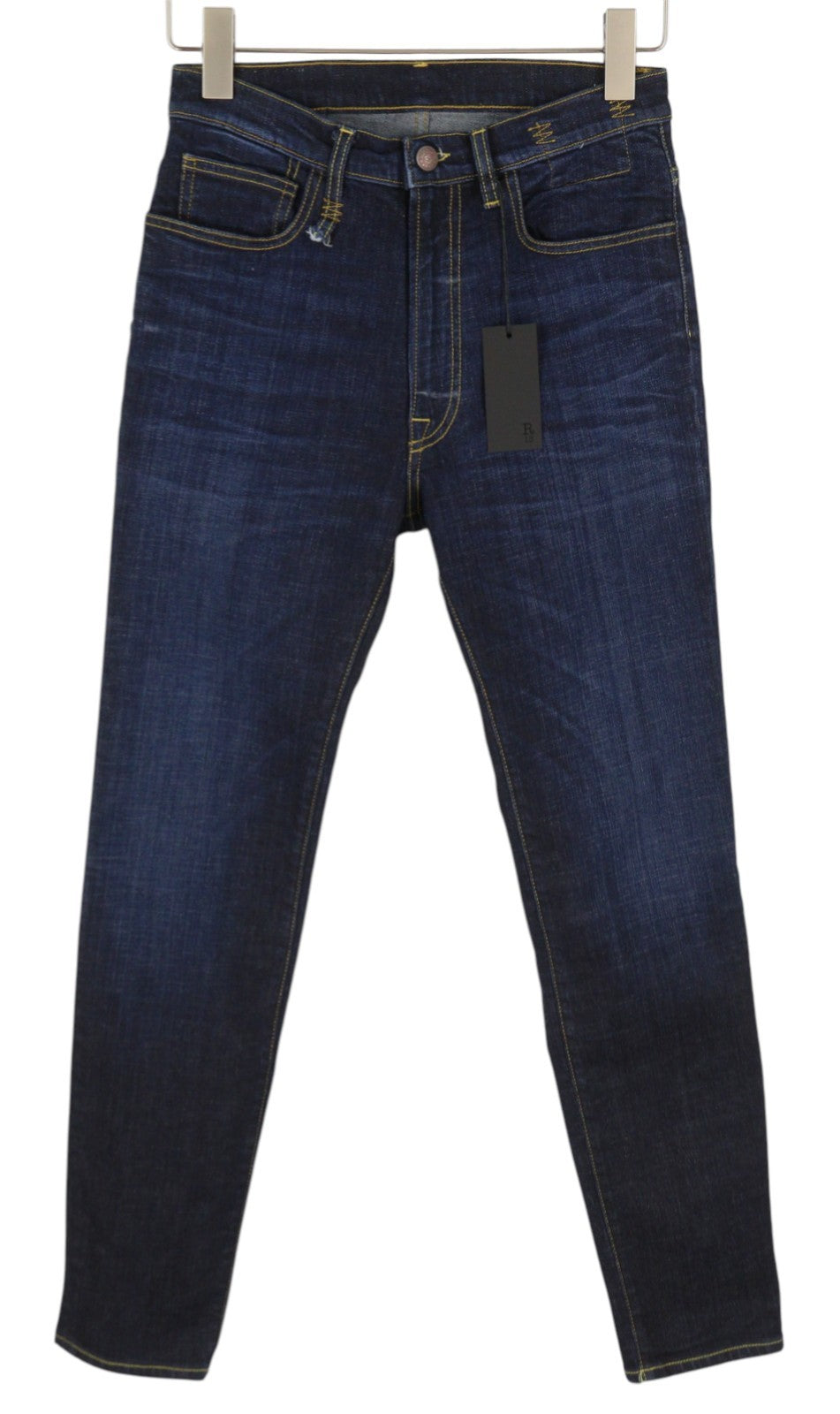 R13 aukštu liemeniu aptempti moteriški džinsai, 27 Howell indigo spalvos, skalbtas, blukintas džinsas, rekomenduojama kaina – 475 € 