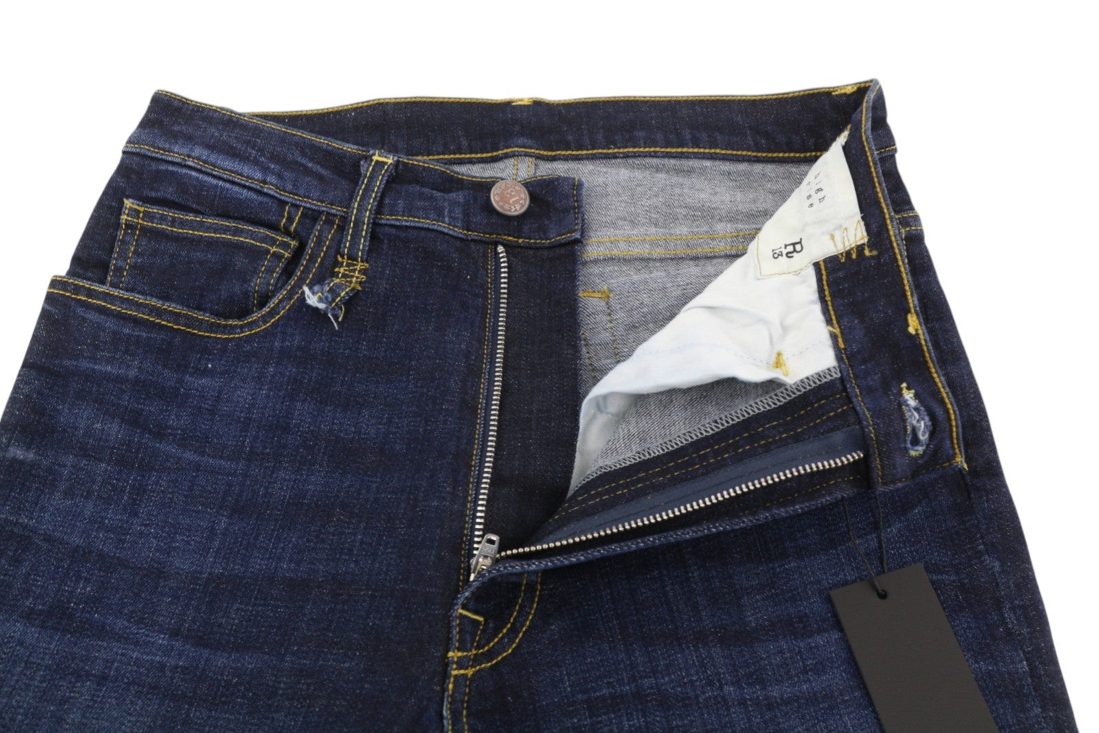 R13 aukštu liemeniu aptempti moteriški džinsai, 27 Howell indigo spalvos, skalbtas, blukintas džinsas, rekomenduojama kaina – 475 € 