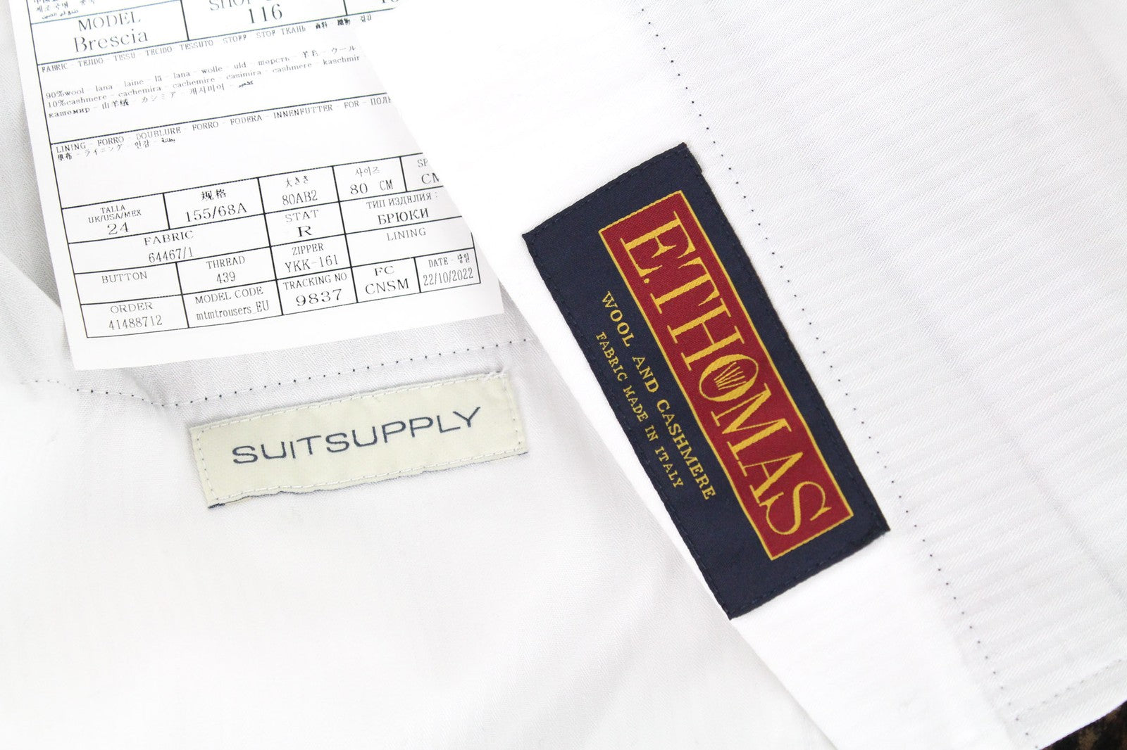 SUITSUPPLY Brescia kelnės UK24R vilnos kašmyro rudos spalvos languotas prigludęs kirpimas 