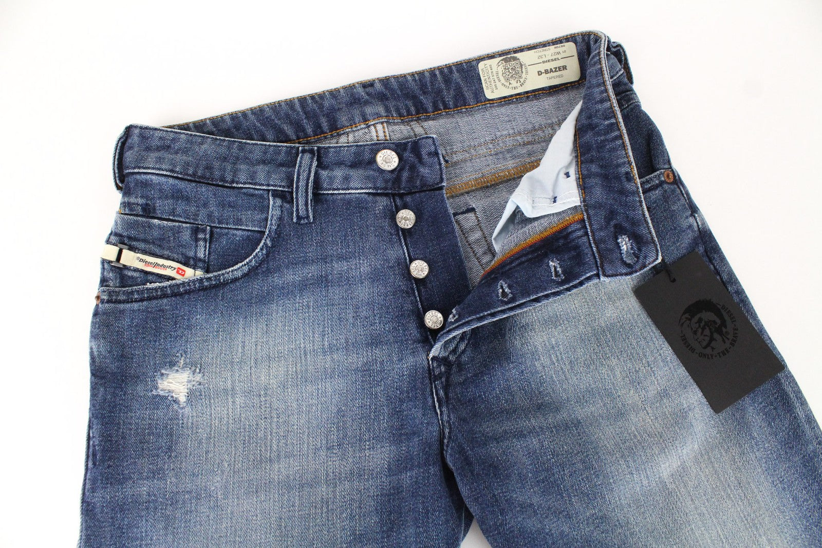 DIESEL D-Bazer 0870H džinsai W27/L32 Distress Blue Tapered Tempered Buttons 