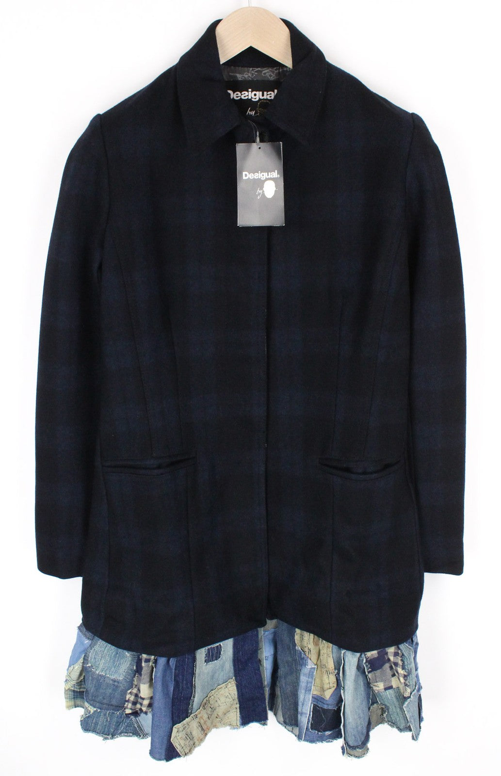 DESIGUAL Snowrobot moteriškas paltas, 40, tamsiai mėlynas, vilnonis, medvilninis, languotas, vieneilis 