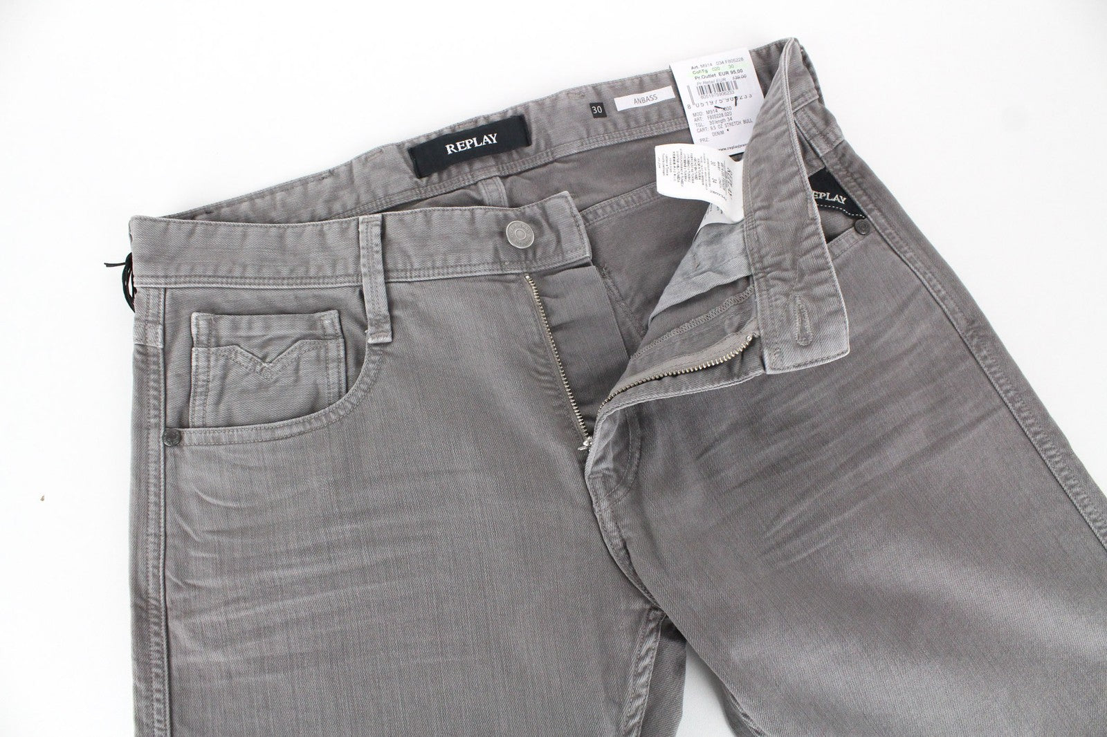 REPLAY Anbass vyriški džinsai W30/L34 pilki, ploni, tamprūs medvilniniai džinsiniai kelnės 