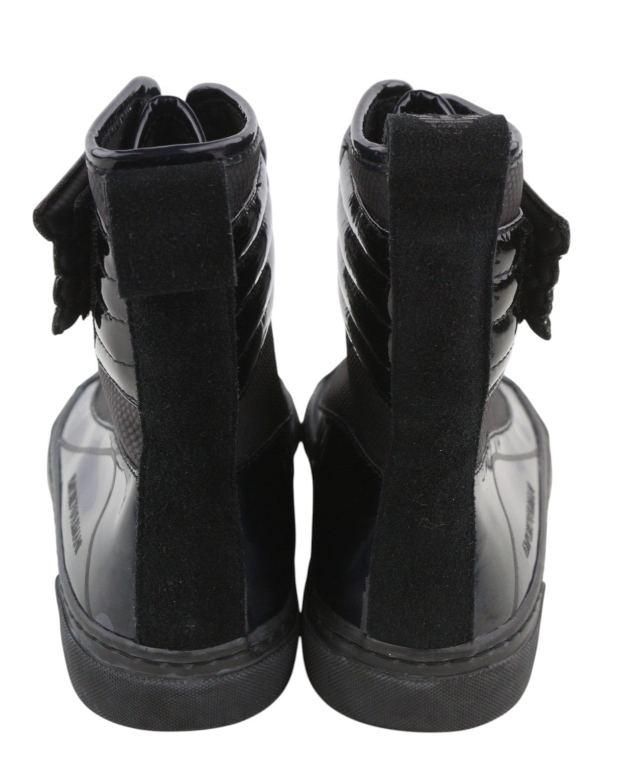 EMPORIO ARMANI moteriški bateliai, 37 dydis, juodi, su holografine oda, lipdukais iki kulkšnies. 