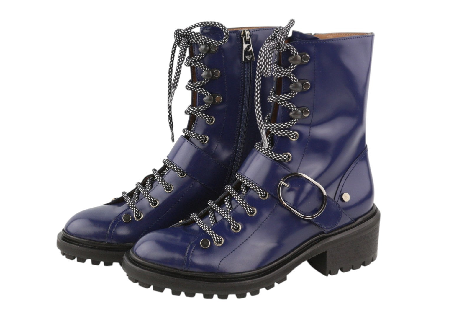 EMPORIO ARMANI moteriški aulinukai, 37 dydis, mėlyna odinė, su sagtimi, suvarstomi, užtrauktuku, vidutinio ūgio. 