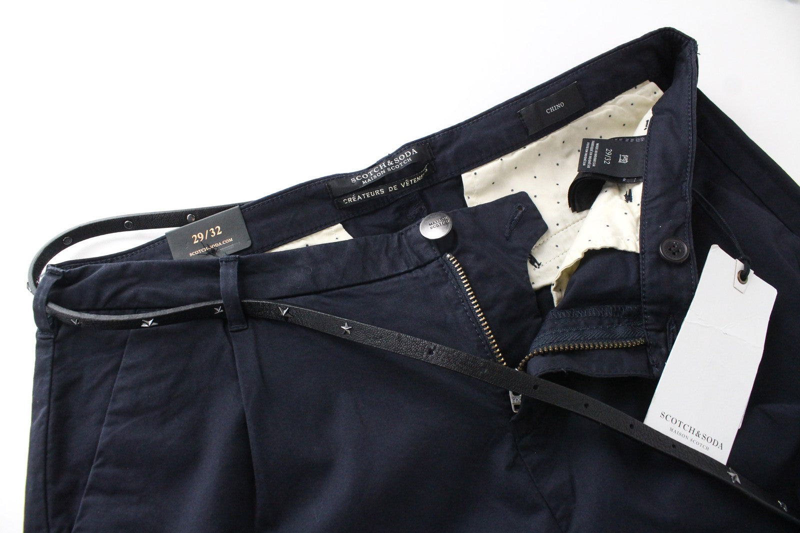 MAISON SCOTCH W29/L32 moteriškos tamsiai mėlynos trumpos tamprios chino kelnės su diržu 