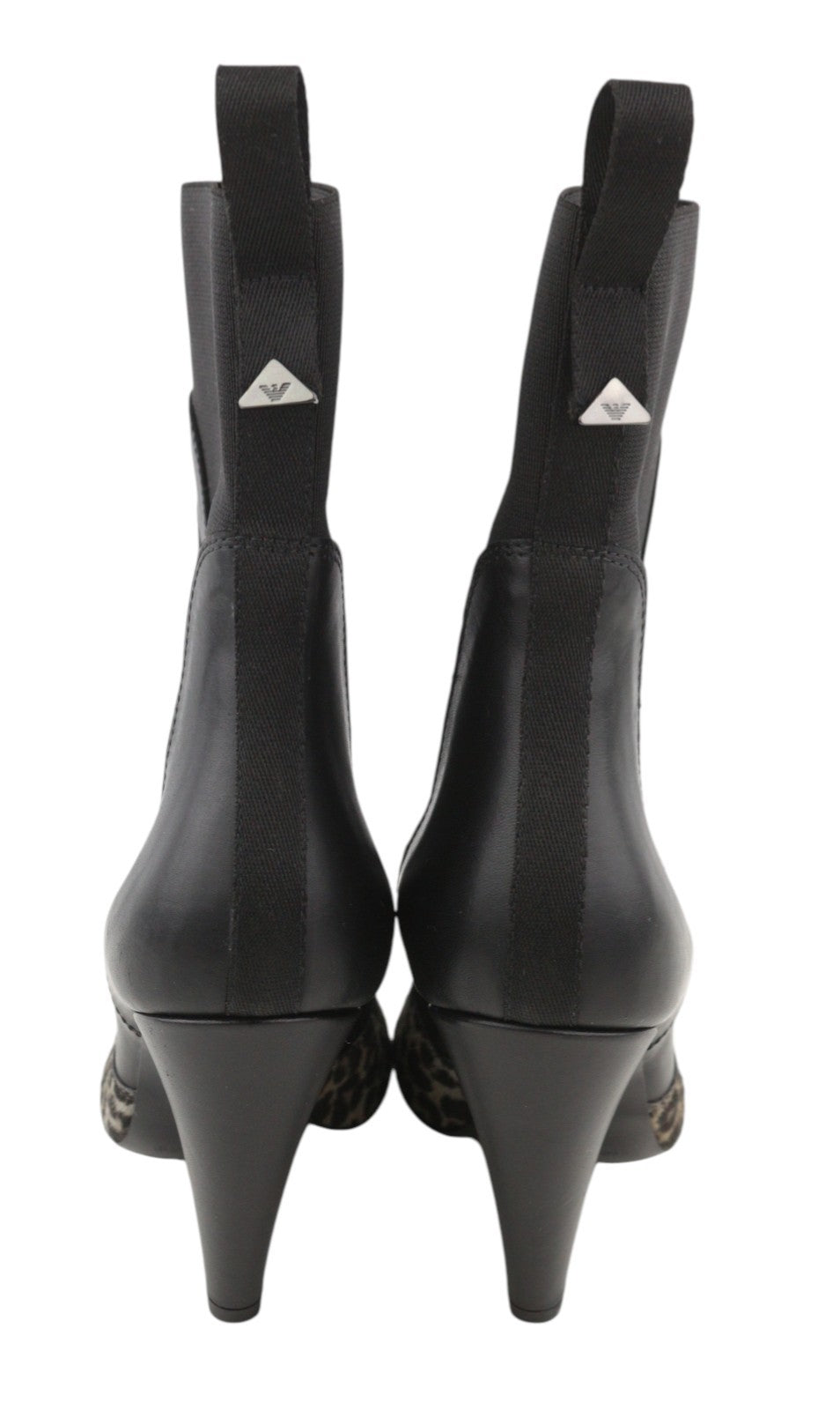 EMPORIO ARMANI moteriški aulinukai, 37 dydis, juodi, odiniai, leopardo rašto kulniukais, migdolų rašto nosimis, kaubojiški. 