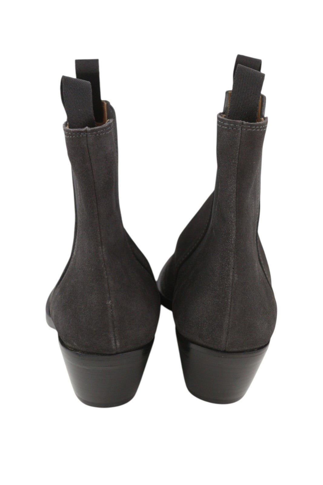 EMPORIO ARMANI moteriški aulinukai, 37 dydis, tamsiai pilki, zomšiniai, odiniai, migdolų nosys, kaubojiški. 