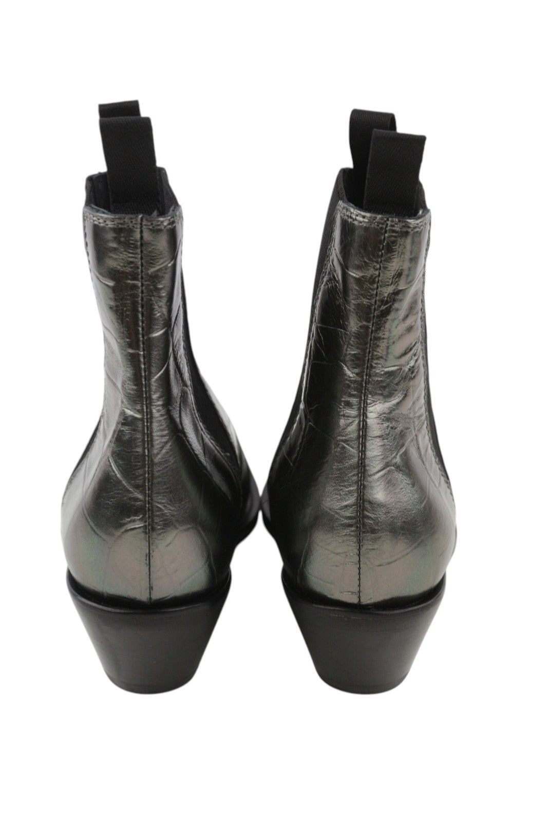 EMPORIO ARMANI moteriški aulinukai, 37 dydis, pilki, odiniai, tekstūruoti, migdolų nosys, kaubojiški, iki kulkšnies. 