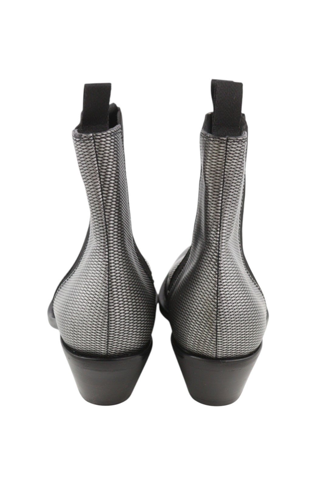 EMPORIO ARMANI moteriški aulinukai, 37 dydis, pilki, odiniai, raštuoti, migdolų nosys, kaubojiški, iki kulkšnies. 