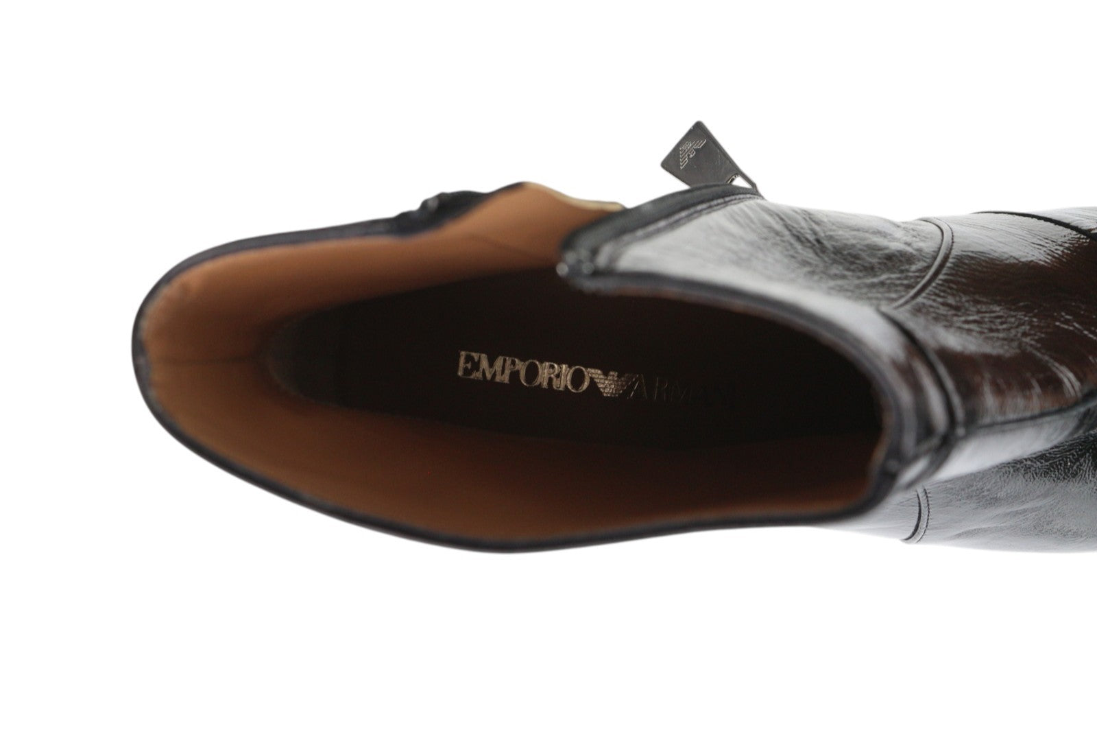 EMPORIO ARMANI moteriški aulinukai, juodi, blizgantys, odiniai, su užtrauktuku ir kulkšnies paviršiumi. 