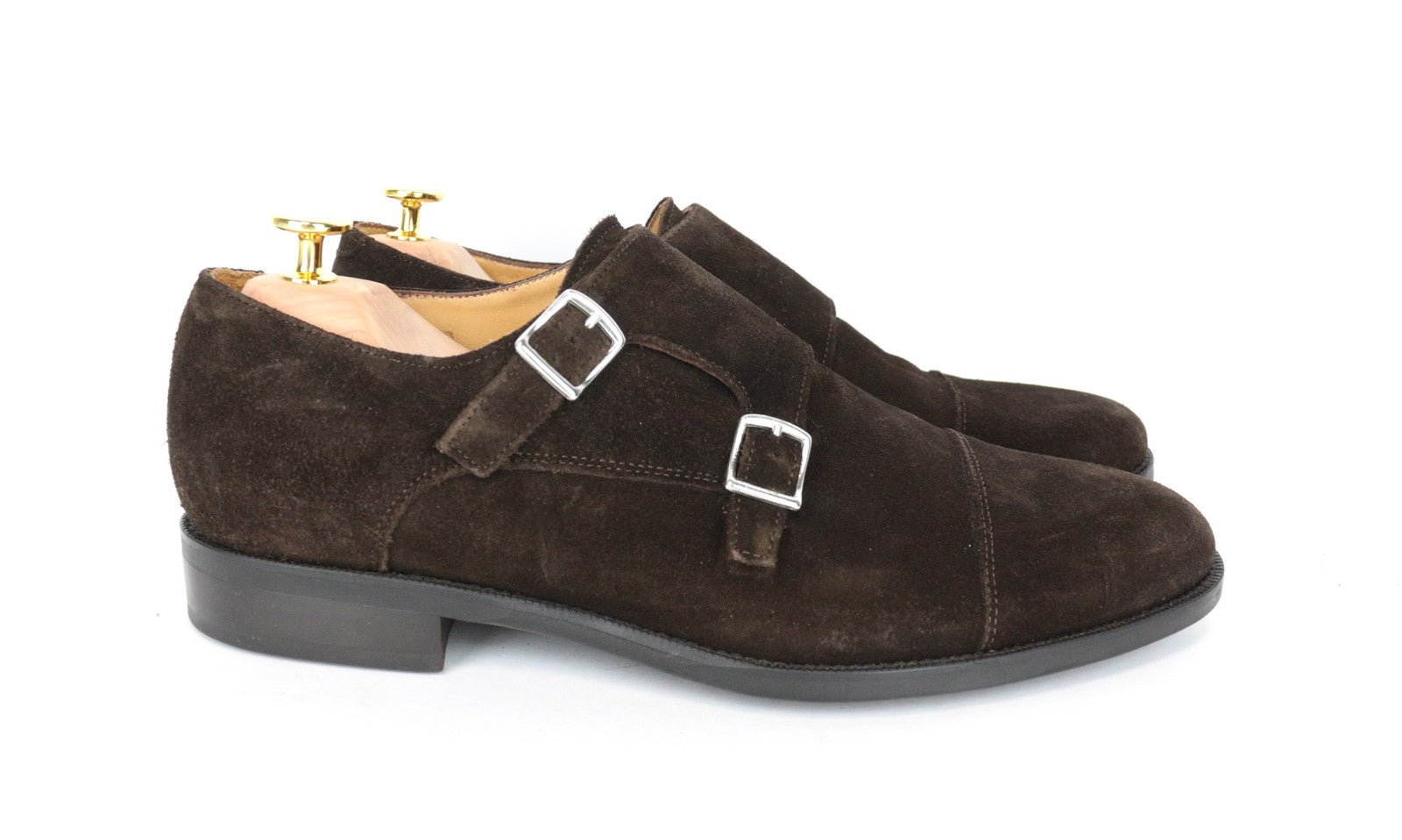 SUITSUPPLY vyriški batai, EU43.5, rudi, zomšiniai, odiniai, su dvigubu dirželiu 