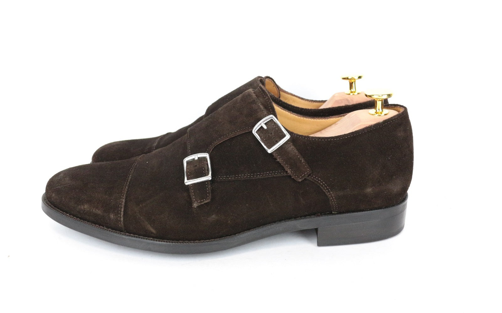 SUITSUPPLY vyriški batai, EU43.5, rudi, zomšiniai, odiniai, su dvigubu dirželiu 