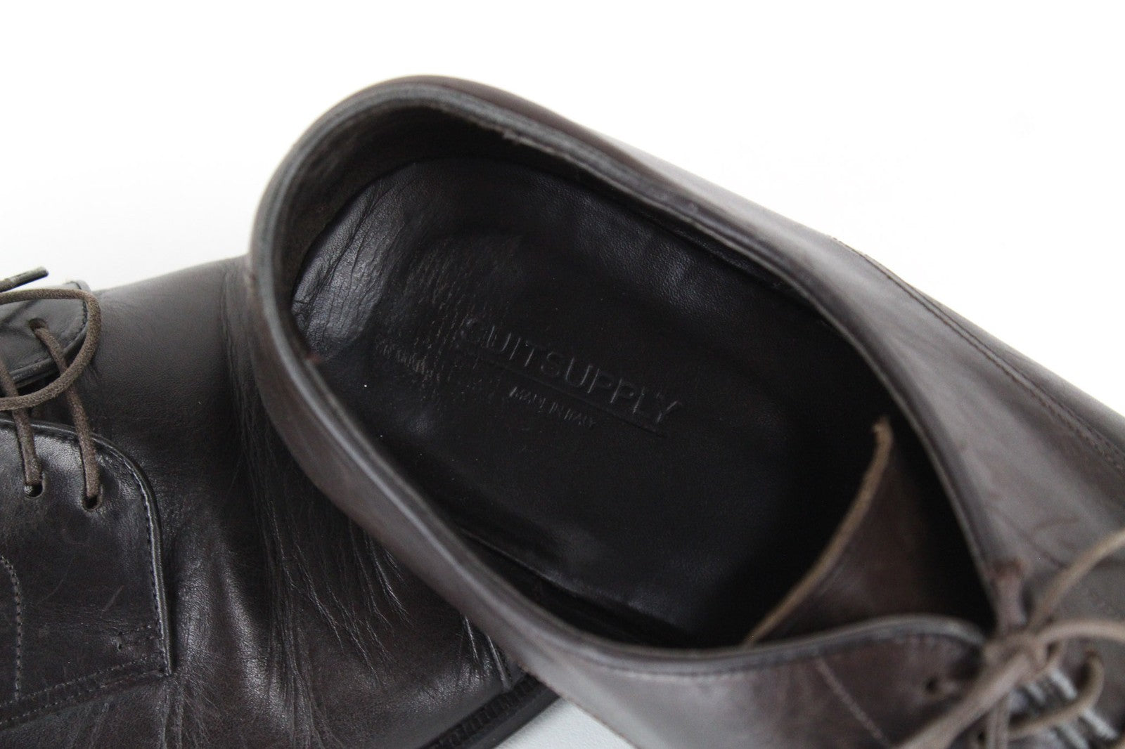 SUITSUPPLY tamsiai rudi EU44 odiniai žemapadžiai vyriški batai su raišteliais, UK10 klasikiniai 