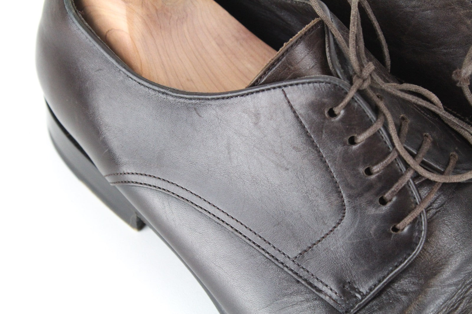 SUITSUPPLY tamsiai rudi EU44 odiniai žemapadžiai vyriški batai su raišteliais, UK10 klasikiniai 